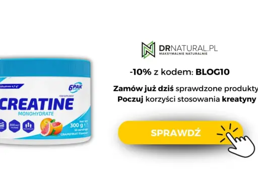 Opakowanie kreatyny monohydratu o smaku grejpfrutowym z ikonami korzyści.