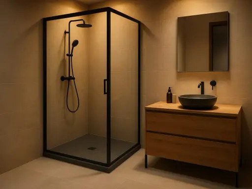 Moderno bagno con box doccia angolare e piatto doccia nero. Mobile lavabo in legno con lavabo nero e specchio.