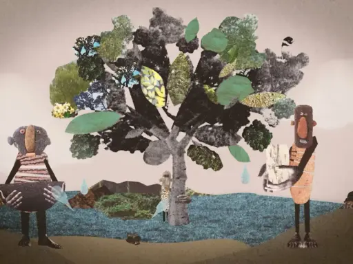 Figuras humanas de collage junto a un árbol garoe, recogiendo agua de lluvia.
