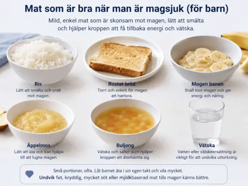 Mogen banan, ris, rostat bröd och äppelmos är bra vid magsjuka. Banan ger energi och näring.