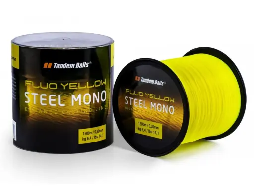 Jaka żyłka karpiowa do dalekich rzutów? Tandem Baits Steel Mono Fluo Yellow, 1200m, 0,30mm, 6,4kg. Idealna na rekordowe zasięgi.