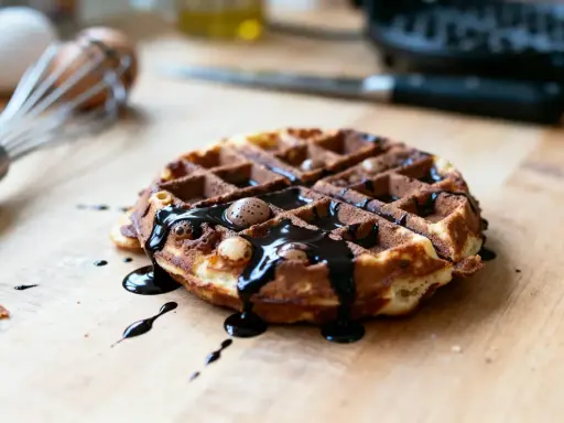 Gaufre au chocolat dégoulinant, saupoudrée de cacao. Un délice gourmand prêt à être dégusté.