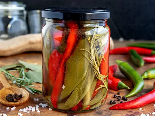 Eingelegter Peperoni im Glas, eine Methode, um sie haltbar zu machen. Mit Rosmarin und Gewürzen.