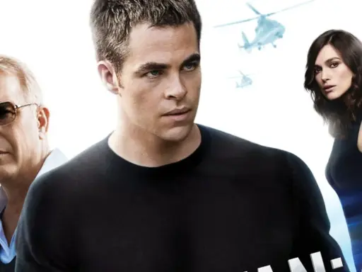 Chris Pine, Kevin Costner e Keira Knightley in un poster promozionale. Un'immagine che evoca l'ordine cronologico dei jack ryan libri, con elicotteri e un'architettura sullo sfondo.