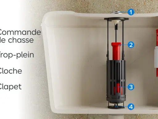Vue éclatée du mécanisme de chasse d'eau, montrant la commande, le trop-plein, la cloche et le clapet.