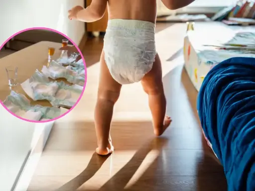 Dziecko w pieluszce idzie po pokoju. Na stole w okręgu leżą pieluchy i kieliszki.