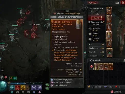 Diablo 4: Nekromanta build PL. Postać w zbroi, z szkieletami u boku. Ekran ekwipunku pokazuje spodnie z bonusem do przywołań.