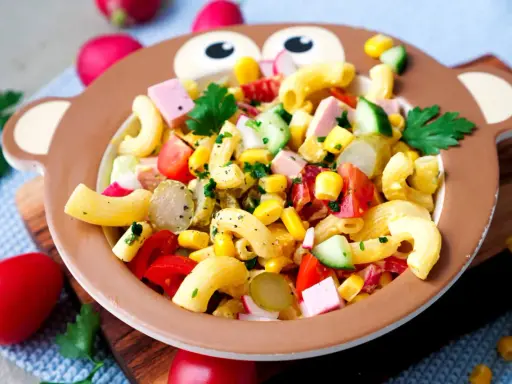 Bunter Nudelsalat mit Mais, Tomaten, Gurken und Schinkenwürfeln in einer Affen-Schüssel – perfekt für Kinder!