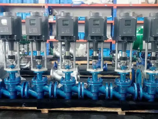 Une rangée de robinets pneumatiques bleus avec des boîtiers gris numériques. Ils sont prêts pour l'installation industrielle.