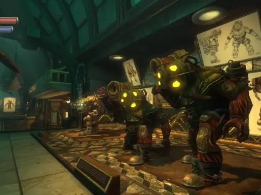 Trzy Big Daddy z Bioshock The Collection w podwodnym mieście Rapture. Na ścianach wiszą szkice postaci.