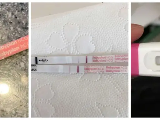 Tre positiva tidiga graviditetstest visar två rosa streck. Ett test ligger på en stenig yta, två på hushållspapper och ett i en vit hållare.