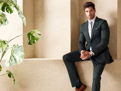 A man in a sharp green suit and black shirt poses confidently next to a lush plant.