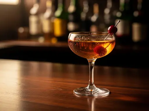 En klassisk manhattan drink med körsbär, serverad i ett elegant glas på en träbar.