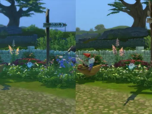 Porównanie grafiki w Sims 4 z różnymi sims 4 shaders. Widać krasnala na kurczaku i kwiaty.