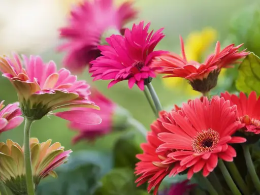 Vibrant gerbera daisies in pink and red bloom, showcasing their delicate petals. Proper gerbera daisy care ensures such stunning displays.