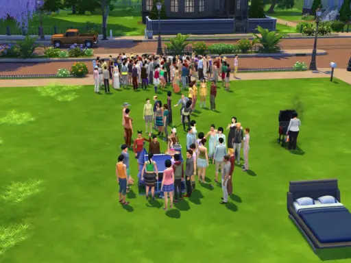Impreza w The Sims 4 z mod na więcej niż 8 simów. Tłum Simów bawi się na trawniku, grilluje i gra w szachy.
