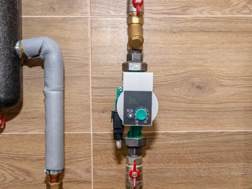 Nowoczesna pompa cyrkulacyjna a obiegowa z cyfrowym wyświetlaczem i pokrętłem regulacji, zamontowana na rurach instalacji grzewczej.