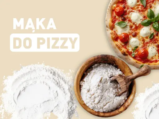 Idealna mąka do pizzy: biała, sypka, w drewnianej misce, obok gotowej margherity.