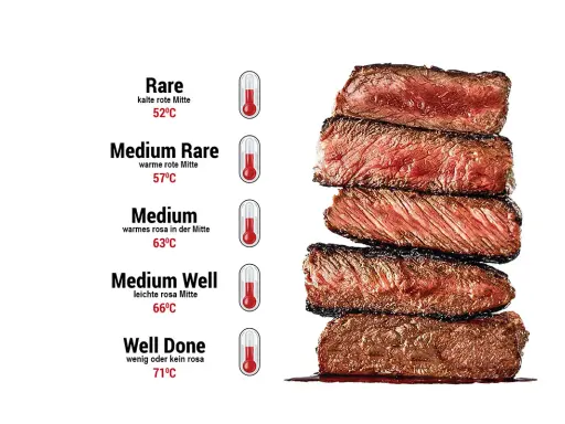 Gestapelte Entrecôte-Steaks zeigen verschiedene Garstufen, von Rare (52°C) bis Well Done (71°C).