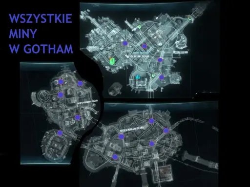 Mapa z zaznaczonymi minami w Gotham. Poradnik Batman Arkham Asylum pomoże Ci je odnaleźć.