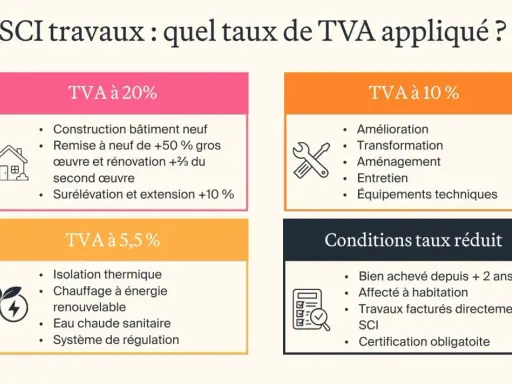 Tableau des taux de TVA pour les SCI : 20%, 10% et 5,5% pour les travaux, avec conditions pour le taux réduit.