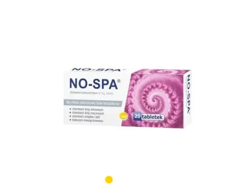 Opakowanie leku NO-SPA, 20 tabletek, na bóle brzucha. Nawet kotek mógłby poczuć ulgę.