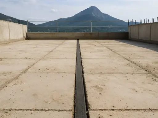 Juntas de dilatación en hormigón, con un paisaje montañoso al fondo.