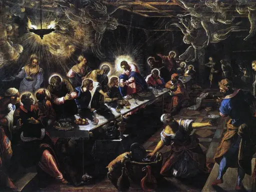 Le festin chez Simon le Pharisien, une œuvre de Jacopo di Robusti, dit Le Tintoret. Jésus est au centre, entouré d'anges et de convives.
