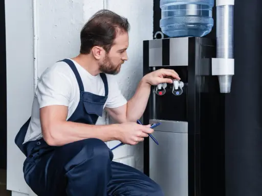 Un technicien en salopette bleue effectue l'entretien d'une fontaine à eau, vérifiant les robinets rouge et bleu.