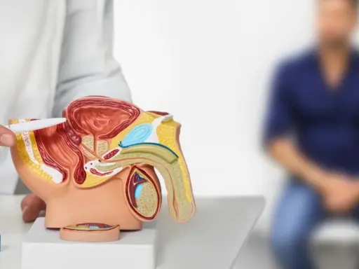 Lekarz pokazuje model układu moczowo-płciowego, wyjaśniając pacjentowi, co oznacza PSA 10.
