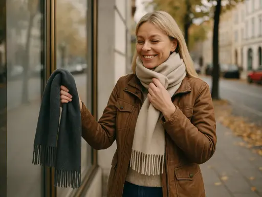 Uśmiechnięta blondynka w brązowej kurtce zastanawia się, jaki szal do brązowego płaszcza będzie najlepszy. Trzyma w dłoni szary szalik, a na szyi ma beżowy.