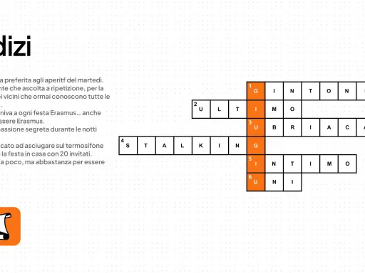 Indizi per un crossword puzzle maker italiano. Le caselle sono parzialmente riempite con lettere.