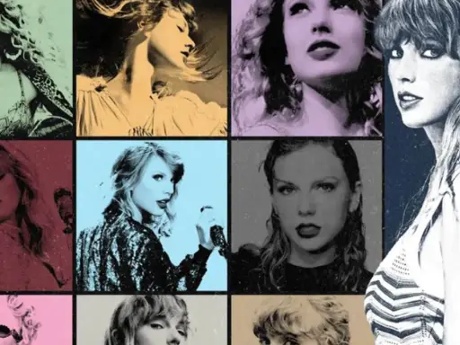Collage med olika porträtt av Taylor Swift, som påminner om hennes ikoniska taylor swift-låtar.