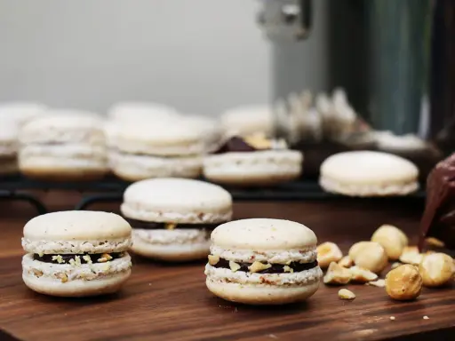 Délicieux macarons à la noisette et au Nutella, parfaits pour une pause gourmande.