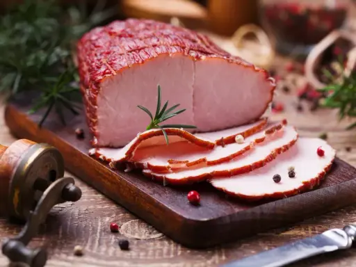 Pokrojona szynka wieprzowa z rozmarynem i pieprzem na desce.