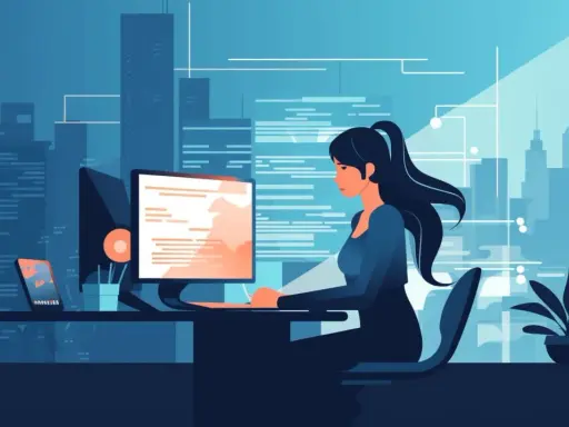 Kobieta przy biurku, pracująca nad kodem, ilustrująca programowanie imperatywne a deklaratywne.