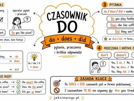 Grafika wyjaśnia użycie czasownika "do" w języku angielskim: jako czasownik główny i operator. Pokazuje odmianę, pytania, przeczenia i krótkie odpowiedzi.