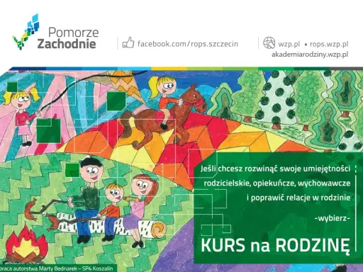 Kolorowy rysunek przedstawia szczęśliwą rodzinę patchworkową przy ognisku i dziewczynkę na koniu. Kurs na rodzinę!