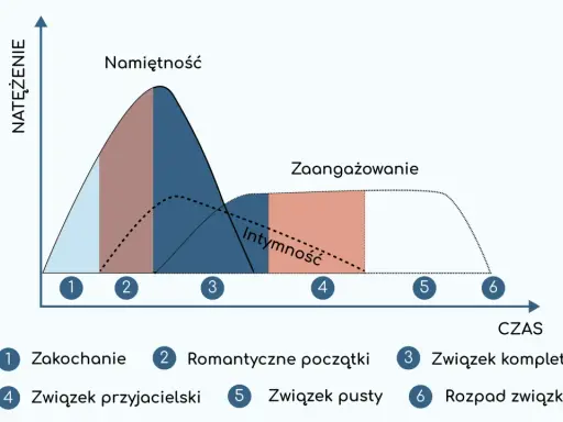 Wykres przedstawia etapy związku: od zauroczenia, przez romantyczne początki, aż po związek kompletny, przyjacielski, pusty i rozpad.
