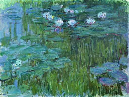 Vattenliljor i en damm, målade med Monet. Impressionistiskt verk med fokus på ljus och färg.