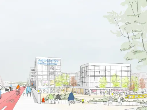 Skizze einer lebendigen Stadtentwicklung: Radwege, moderne Gebäude, die Stadtbibliothek Berlin Pankow und grüne Flächen symbolisieren eine gelungene urbane Transformation.