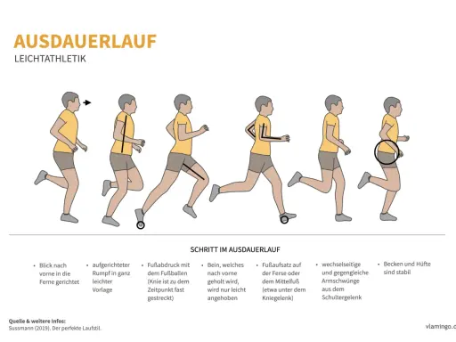 Illustrationen zeigen Schritte des Ausdauerlaufs: aufrechte Haltung, Fußaufsatz auf dem Fußballen, Armschwung. Man kann fast auf der Stelle laufen.