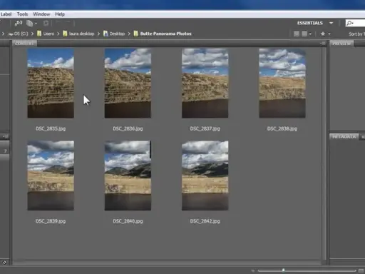 Vista previa de fotos de paisajes en Photoshop. Se aprecian varias imágenes de cañones y cielos nublados, listas para ser editadas en un proyecto de panoramica photoshop.