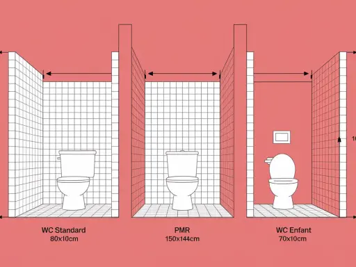 Comparaison des dimensions des toilettes : standard (80x10cm), PMR (150x144cm) et enfant (70x10cm).