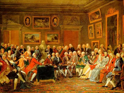 En samling män i 1700-talskläder diskuterar livligt i ett rum fyllt av konst. En scen som fångar upplysningens epok.