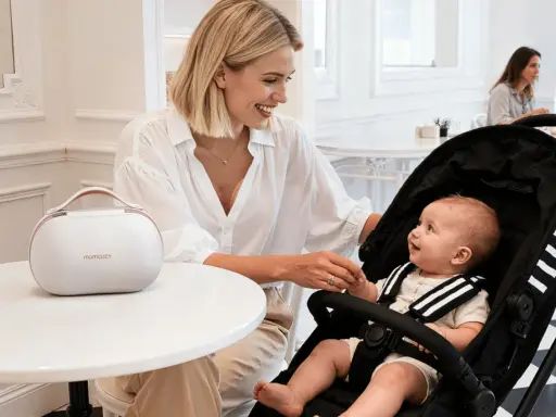 Uśmiechnięta mama z niemowlakiem w wózku, przygotowująca się do sylwestra. Obok biała torba Momcozy.