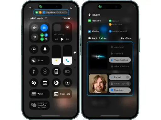 Jak aktywować FaceTime? Widok centrum sterowania i ustawień audio/wideo na iPhonie, pokazujący opcje izolacji głosu.