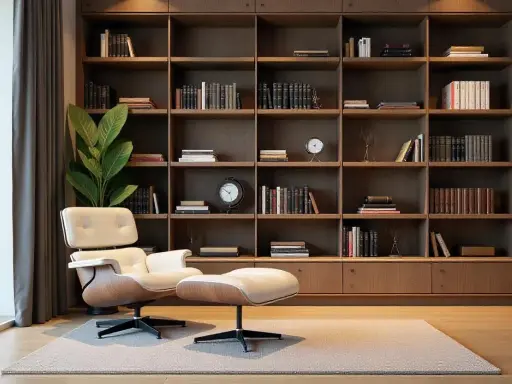 Un fauteuil confortable et un pouf invitent à la lecture dans ce salon où l'on a choisi d'aménager une bibliothèque murale.