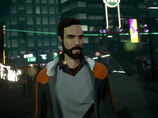 Mężczyzna w futurystycznym mieście, przypominającym gry podobne do Detroit: Become Human. Neonowe światła, tłum i nowoczesna architektura.