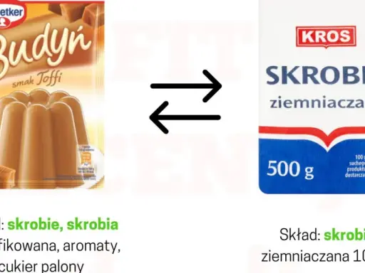 Budyń toffi Dr.Oetker vs. skrobia ziemniaczana KROS. Porównanie składu i budyń kcal.